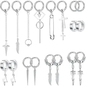 Sanfenly 18Pcs Dangle Clip On Earrings for Men Fake Earrings Stainless Steel Cross Sword Feather Lightning Hinged Hoop Non-Piercing Earrings Set Black Silver Tone