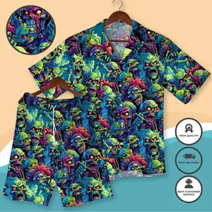 Neon Zombie Skull Hawaiian Shirt Shorts Set Men Women Glowing Green Blue Horror Monster Print 2PC Loose Casual Aloha Summer Beach Halloween Party Matching Outfit