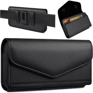 Leather Cell Phone Holster with Card Holder and Belt Clip Protective Case for iPhone Pro Max, Plus 17 16 15 14 13 12 16e, Samsung Galaxy FE, Plus S25 S24 S23 S22, L-Black