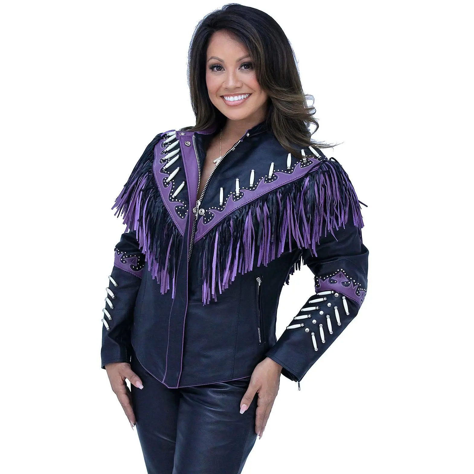 Genuine Bone & Purple Fringe Leather Jacket #L1616FBPUR Womenswear Coats