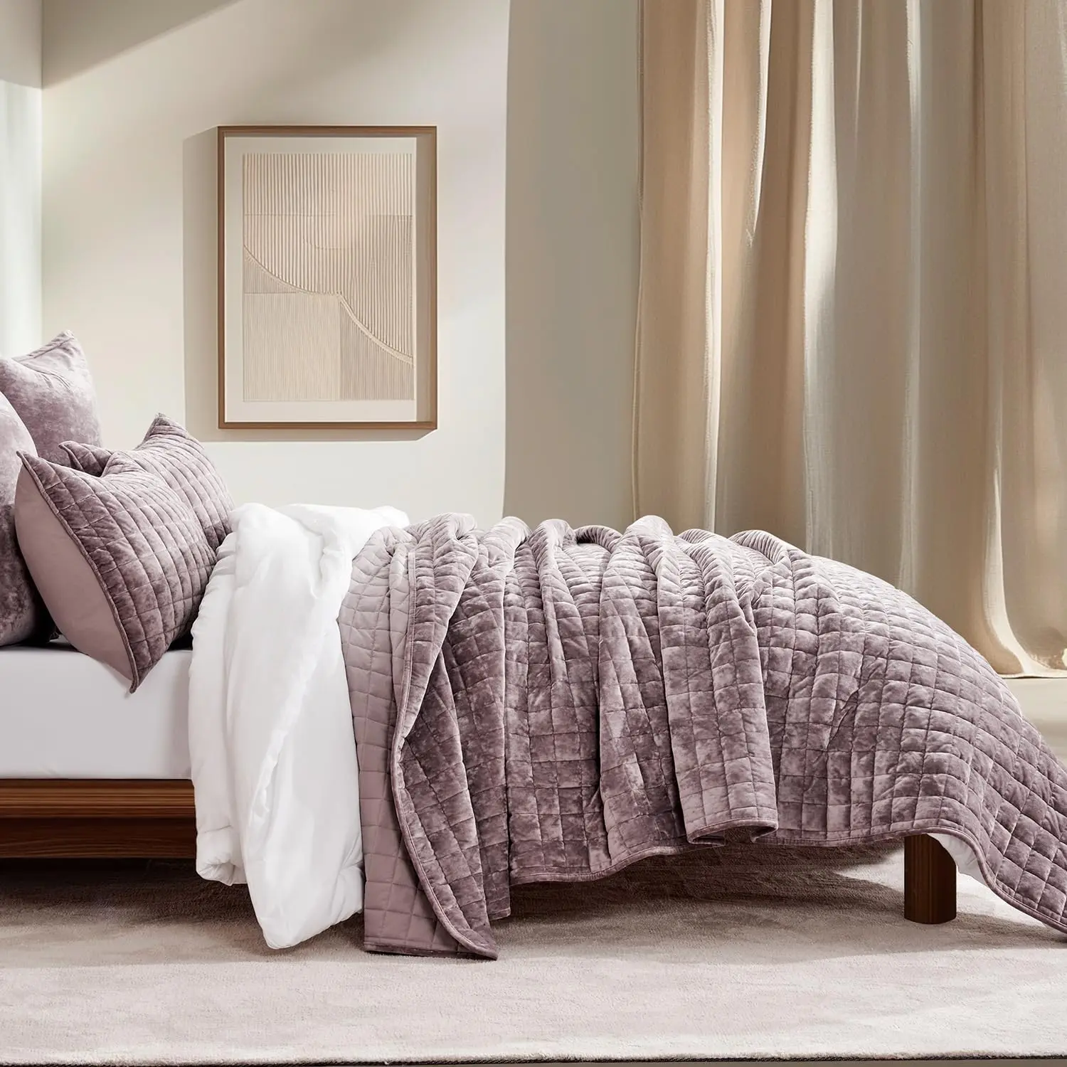 King Size & Queen Size Velvet Bedding Set - Modern, Soft, Durable Channel Stitch Coverlet Comforter, Ultra-Lightweight Breathable, All-Seasons, with 2 Machine-Washable Shams, Purple Classic, Machine Wash