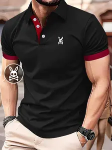 Men's Short Sleeve Polo Shirt, Classic Colorblock Design, Breathable Mesh Fabric, Geometric Print, Ideal for Work and Outdoor Activities