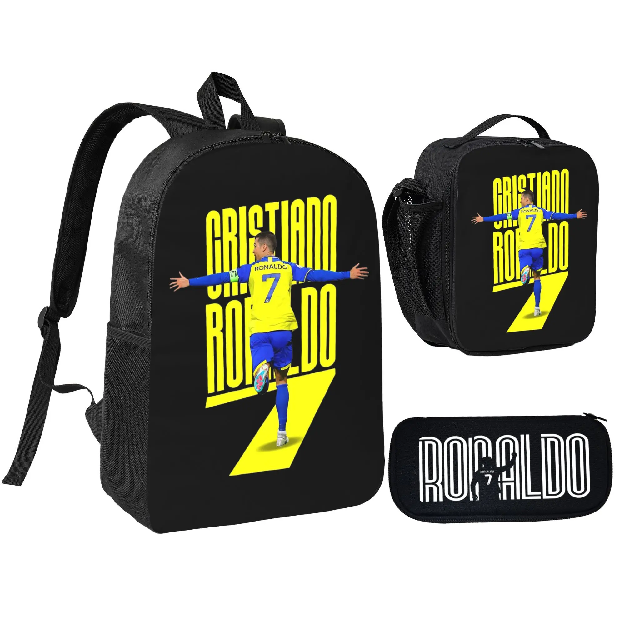 CR7 Backpack 3PCS School Bag for Elementary Middle School Students 17inch Book Bag with Lunch Bag Pencil Case