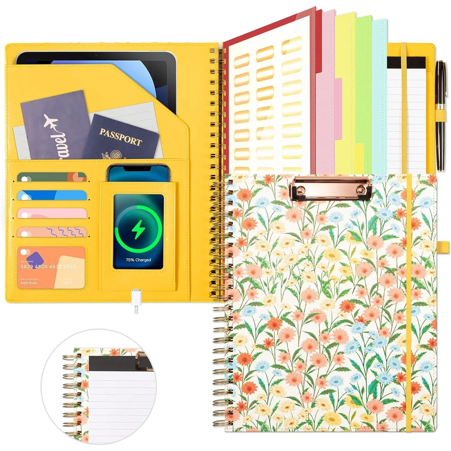 Clipboard with Storage for Men Women, Leather Padfolio Portfolio Organizer 5 Folders with 10 Pockets, Spiral Clipboard Folio with Notepad for Letter Size, Elastic Closure and Pen Loop Floral
