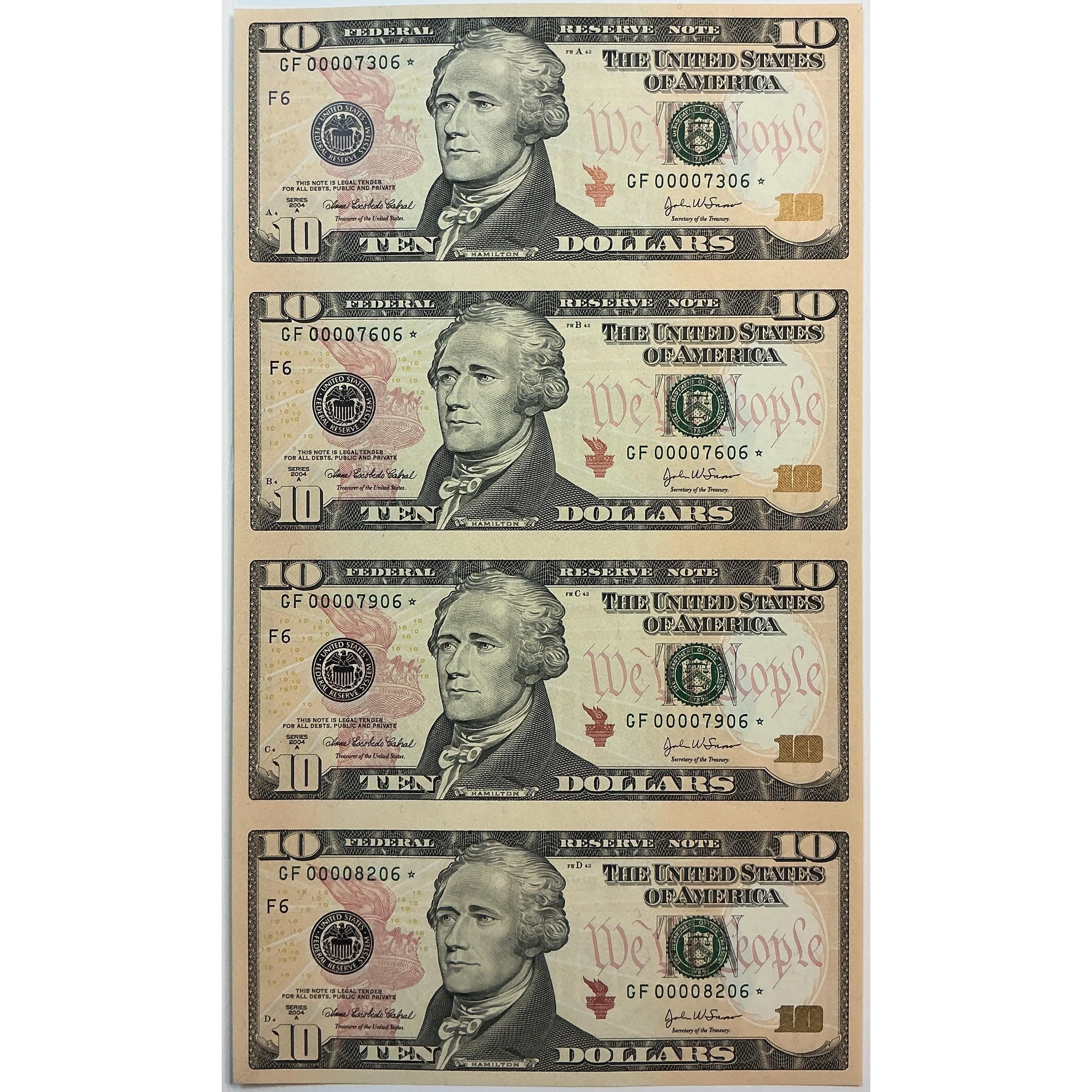 2004 Series $10 Notes, Sheet of 4 Bills, F.R.N., BEP, Low Serial Star Note, Store #FRN037