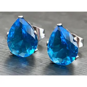 PAIR of Stunning Hypoallergenic Aqua CZ Gem Teardrop Stud Earrings!