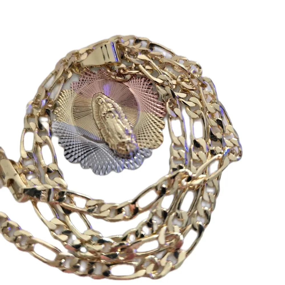 Tricolor Virgin of Guadalupe medal. 22" (4mm)gold chain. Tricolor Virgin of Guadalupe medal. 22" (4mm)gold chain.