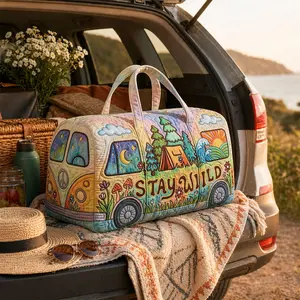 Stay Wild Quilted Weekender Bag, Boho Travel Duffle Bag with Spacious Interior, Soft Padded Overnight Tote for Weekend Trips, Road Trips, Camping and Everyday Getaways
