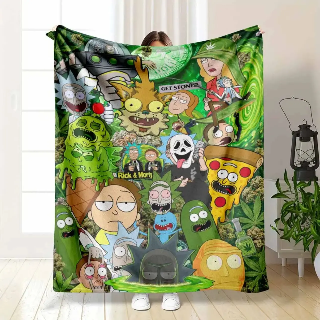 Rick and Morty Psychedelic Stoner Flannel Blanket Weed Leaf Green Portal Art Print Cozy Soft Throw For Bed Sofa Adults Trippy Aesthetic Bedroom Decor Pop Culture Cartoon Merch Unique Gift