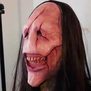 Scary Demon MasRealistic Halloween Demon Mask with Long Black Wig Synthetic Latex Material Expert Craftsmanship White Eyebrows & Beard Silicone Breathable Design Masquerade Horror Joker Red Face Party Costume Accessories