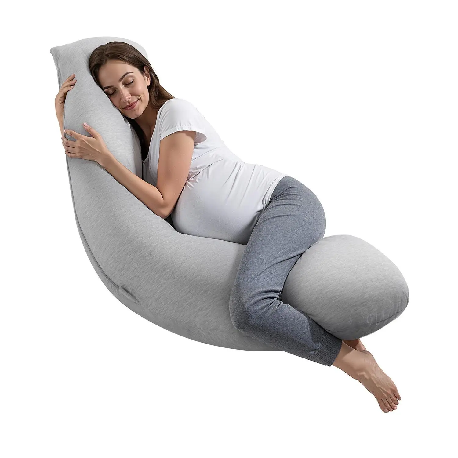 Women's L-Shaped Maternity Pillow, Soft Breathable Body Pillow with Washable Jersey Cover, Head-Neck-Belly-Leg Support, Light Gray for Side Sleeping