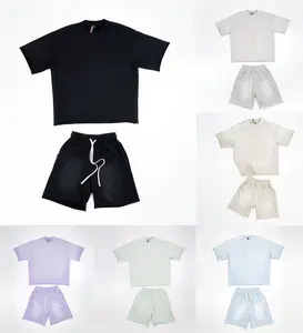 High Level Men's 2-Piece Cotton Casual Menswear Outfits Set - Washed French Terry Fabric, Round Neck, Sleeveless, Plain Oversized T-Shirt, True-to-Size Above-the-Knee Shorts, Available in Black, Grey, Ivory, Blue, Lavender, Green