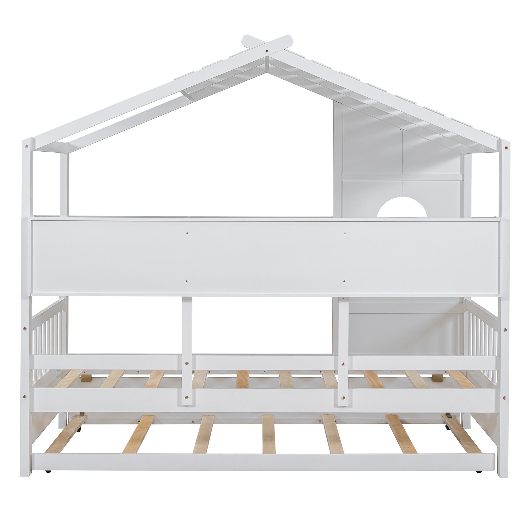 Eyisean Full Size Wooden House-Shaped Bed, Space-Saving Bed Frame with Trundle & Storage Shelf, Modern Platform Beds with Pitched Roof & Fence Rails, No Box Spring Needed, Easy Assembly for Bedroom