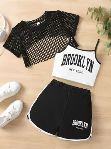 Girls' 3-Piece Set Mesh Hollow Out Short Sleeve T-Shirt Letter Strap Gym Shorts, Summer Sportswear, Casual Fitted Design