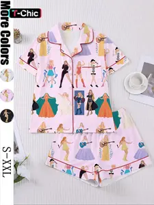 Women's Concert Movie Sleepwear Set, Loungewear, Pajama Set, Short Sleeve Button-Up Soft Print Top & Loose Elastic Shorts, Casual Home Wear for Swift Fans