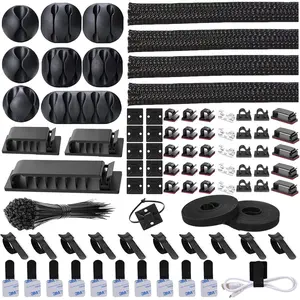 192 count  Maagemet Kit 4 Wire Orgaizer Sleeve,11  Holder,35Cord Clips 10+2 Roll  Orgaizer Straps ad 100 Fasteig  Ties for  TV Uder Desk, black,clear