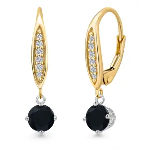 Gem Stone King 925 Silver and 10K Yellow Gold Black Onyx and Lab Grown Diamond Dangle Earrings for Women | 1.04 Cttw | Gemstone December Birthstone | Round 5MM