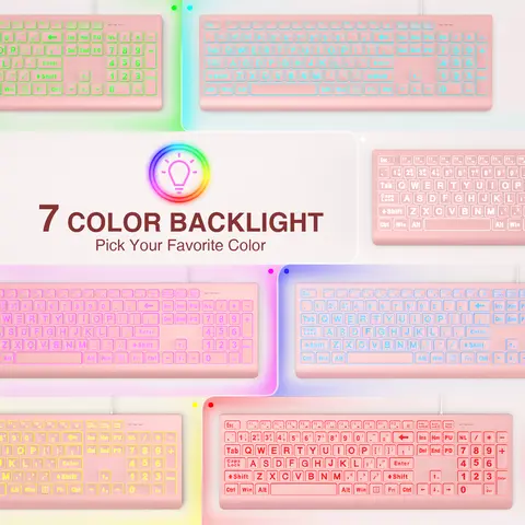 SABLUTE K11PRO Wired Ergonomic Build Keyboard - 7 Backlights, 4 Modes, 8 Brightness Levels, Large Print, 5.2ft USB Cable, Foldable, Plug-and-Play Compatible, Bluetooth-Free, Illuminated for Seniors, Keyboards for Work, Computers & Office Accessories