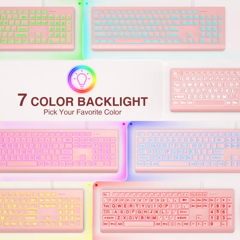 SABLUTE K11PRO Wired Ergonomic Build Keyboard - 7 Backlights, 4 Modes, 8 Brightness Levels, Large Print, 5.2ft USB Cable, Foldable, Plug-and-Play Compatible, Bluetooth-Free, Illuminated for Seniors, Keyboards for Work, Computers & Office Accessories