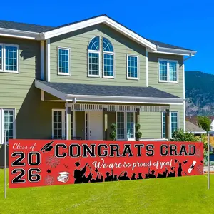 Red Congrats Grad Banner - Large Class of 2026 Graduation Backdrop, Yard Sign For Graduation Party Supplies & Decorations, Indoor & Outdoor (9.8 x 2 ft)