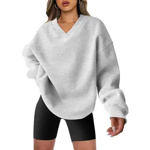 Women’s Oversized V-Neck Fleece Hoodie Sweatshirt, Long Sleeve Pullover, Comfortable Top, Outfit Ideas, 2025, Preppy Style for Teens