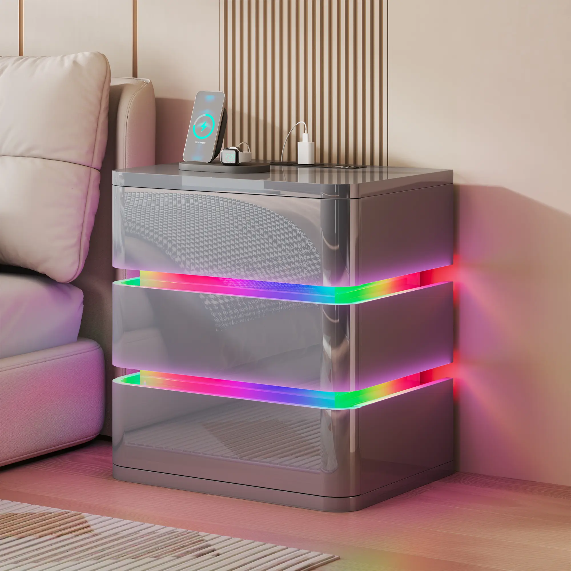 FREDEES Smart Nightstand - Rectangular Gloss Panel 3-Drawer Bedside End Table, Fully Built Modern Indoor Furniture, 3-in-1 Power Station with 2 AC Outlets, 1 Type-C Port, 1 USB Port, RGB Lights, Human Sensor, 19.69inW x 15.75inD x 23.62inH Bedroom Storage