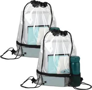 Mozeat Lens 2 Pack Clear Drawstring Bags Waterproof PVC Drawstring Backpack Stadium Approved Transparent Drawstring Bags for Stadium Events Concert Sport Travel MOZEAT LENS