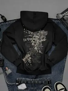 Vintage Punk Zipper Long Sleeve Hooded Jacket, Baroque Print Design, Casual Loose-Fit for Fall & Winter, Stylish Streetwear