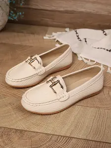 New Vintage Plain Pattern Loafer Bean Shoes, Metal Chain Decoration, Soft Rubber Sole, Anti-Slip, Casual All-Season Footwear for Women Flats