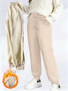 Women's Lamb Wool Long Pants, Winter Warm Thick Fleece Trousers, Casual Daily Wear, Comfortable and Cozy, One Piece Set