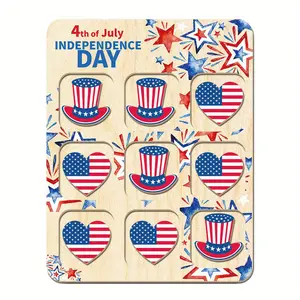 Wooden America Tic Tac Toe Holiday Gift Independence Day 4th of July Patriotic Gift, USA Tic Tac Toe Board, Birthday Gift Party Activities with Storage Bag