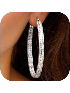 Silver Hoop Earrings for Women - Stainless Steel Large Rhinestone Hypoallergenic Piercing Earrings With Cubic Zircon - 50MM Silver Tone