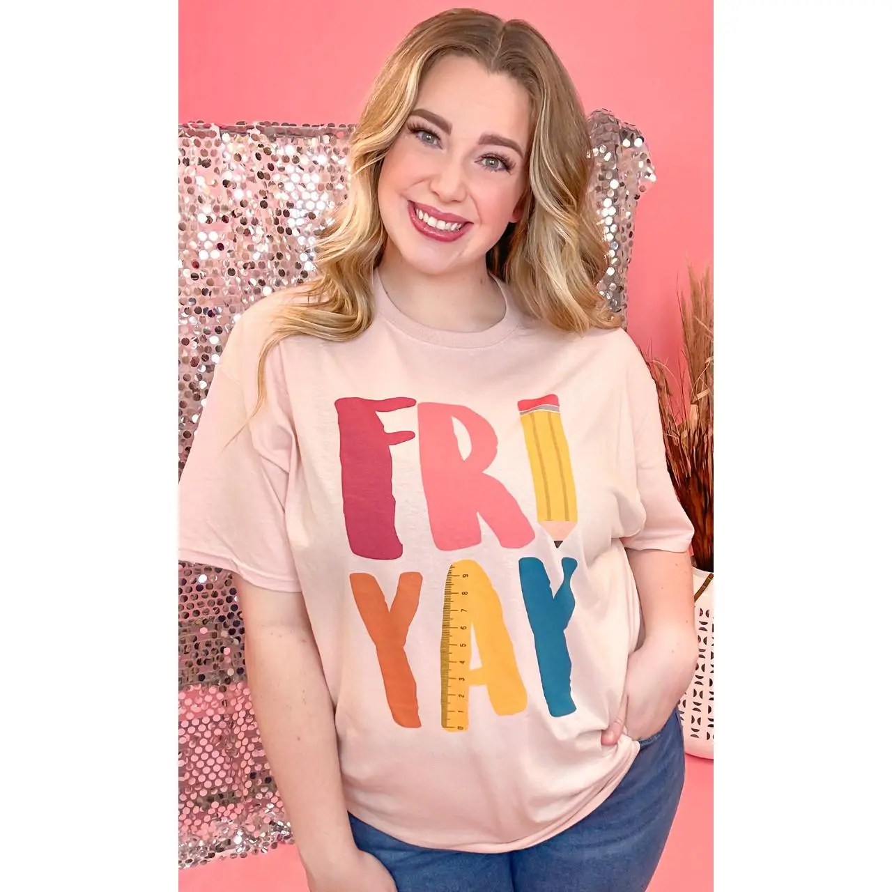 Tees2urdoor Women's Colorful Fitted Short-Sleeve Cotton T-Shirt - Basic Round Neck, Fri-Yay Ruler Graphic, Comfortable Streetwear Casual Top, Shortsleeve, School