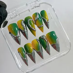 Cyberpunk Press On Nails | Liquid Chrome Ombre Green Yellow Stiletto Set | Futuristic Edgy Goth Gift | Custom Metal Tip