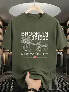 Men's Brooklyn Bridge Print Short Sleeve T-Shirt, Pure Cotton Loose Casual Top, Fitted Graphic Tee for Spring & Fall