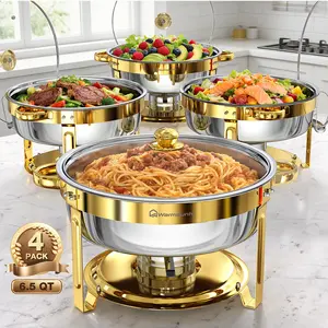 WARMOUNTS 6.5QT Gold Chafing Dishes for Buffet with Glass Lid , Round Chafers and Buffet Warmers Set with Mirror-Polished Stainless Steel, Rolled Rim, Stackable, Lid Holder for Parties, Weddings (2/4/6 Pack）
