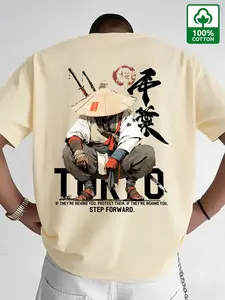 Men's 100% Cotton Tokyo Samurai Double Sided Graphic Tee, Oversized Japanese Streetwear T-Shirt, Slim-Fitting Long Top, All Seasons