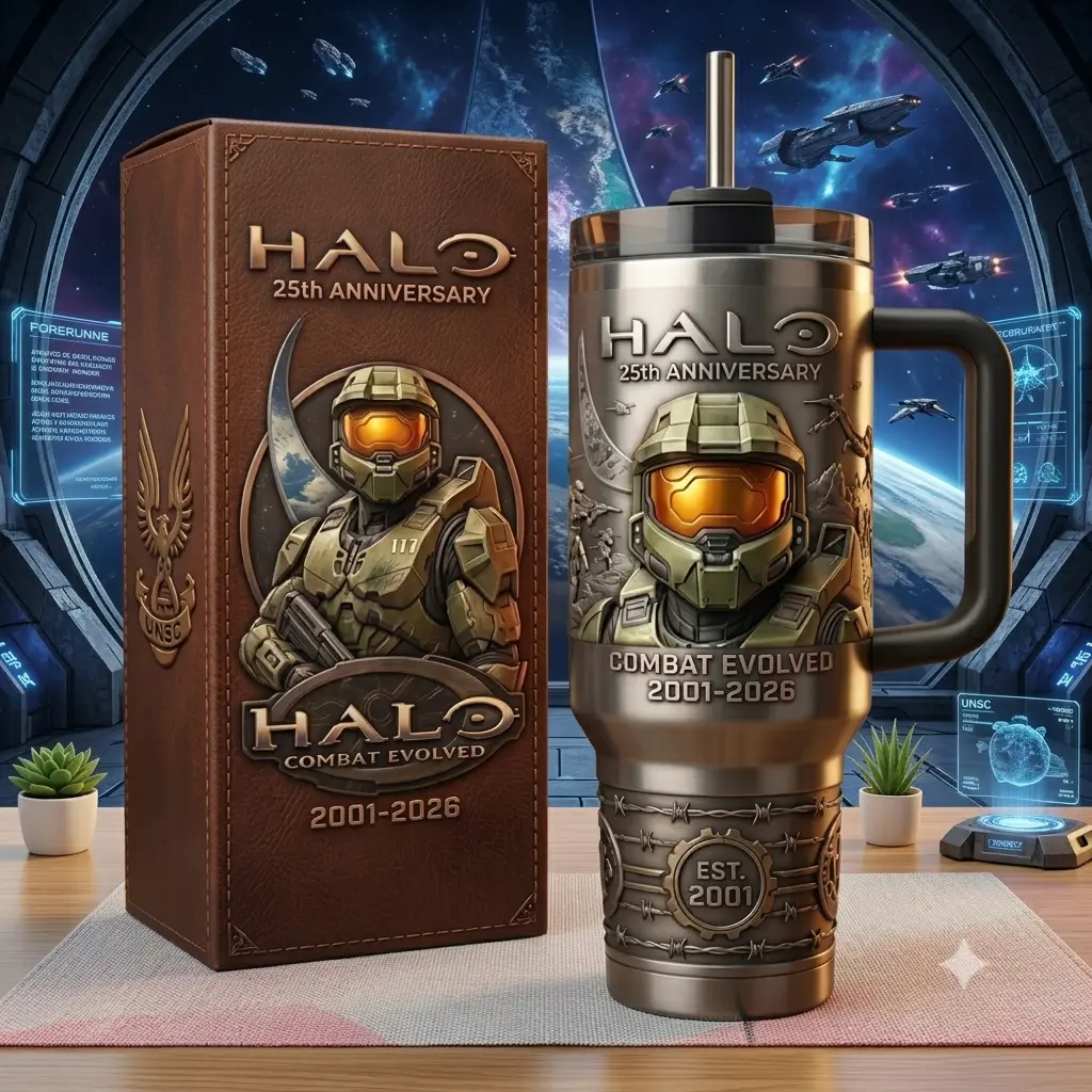 Halo 25th Anniversary Combat Evolved (2001 2026) Master Chief #3 40oz Tumbler with Handle, Stainless Steel Travel Cup with Straw and Lid, Reusable Insulated Water Bottle, Gaming Drinkware, Travel Cup, Gamer Gift