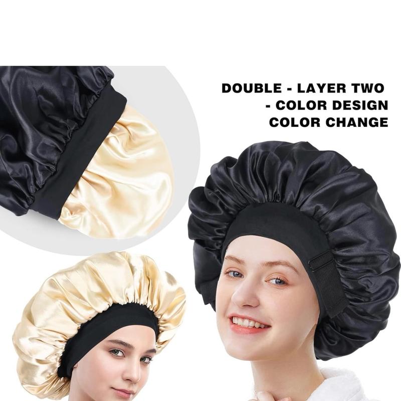Adjustable Double Layer  Bonnet for Black Women Sleeping -  Sleep Cap for Curly Hair, Lightweight and Skin-Friendly Accessory black woman   satin silk black woman Bean Paste &Pink Haircare Heatless Elastic