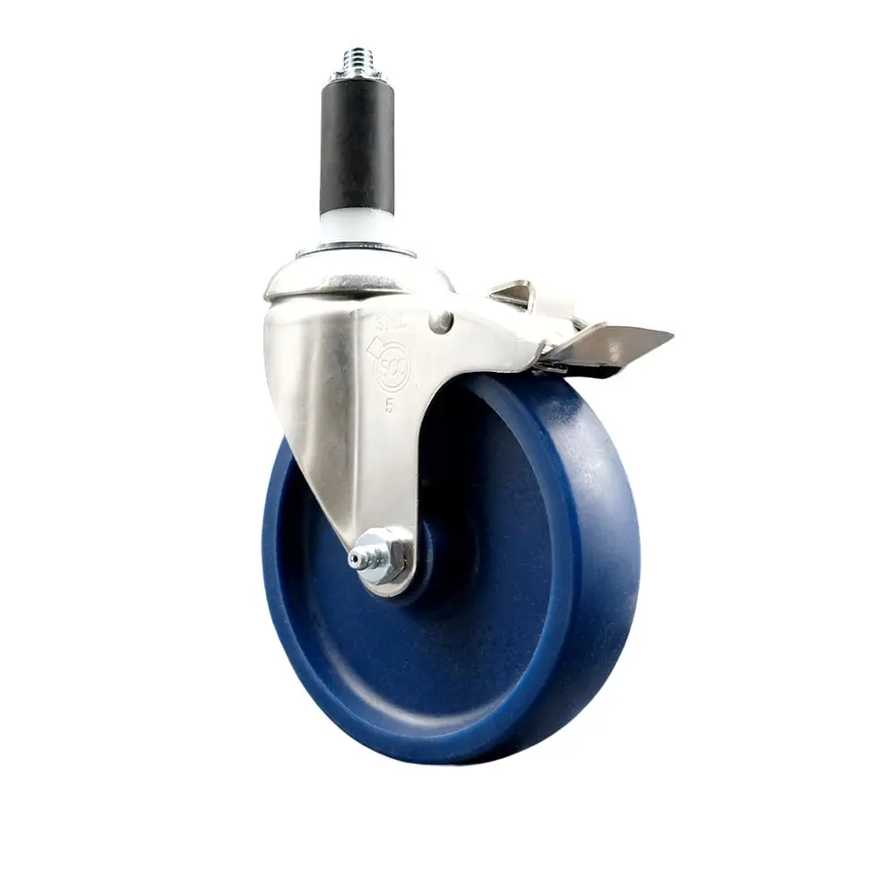 Heavy Duty 212 MAIN Solid Polyurethane Swivel Stem Caster - 316 Stainless Steel, 5 in. Blue Lockable Wheels, 1.38 in. Expanding Stem, Total Lock Brake, Non-Marring for Commercial Equipment, Warehouse Carts (SCC-SS316TTLEX20S514-SPUS-138), Furniture Moving