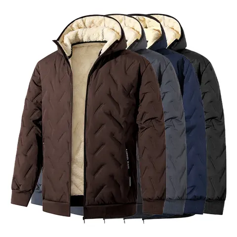 Men's Thick Ribbed Fleece-Lined Quilted Thermal Hooded Cotton Jacket - Heavyweight Insulated Cotton Blend Zipper-Up Darkwear Coat with Layering Option for Cold Outdoor Activities, Plain Design, Jackets