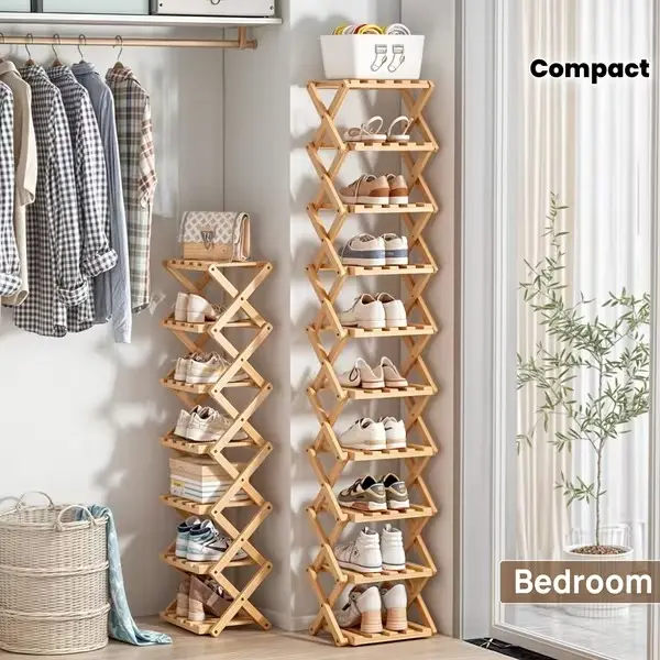 Collapsible Bamboo Shoe Rack - Multi-Tier Space Saving Shoe Organizer, Easy Assembly, Sturdy Storage for Entryway, Bedroom & Small Spaces