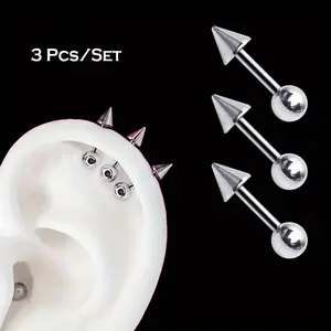 Punk Simple 304 Stainless Steel Spike Stud Earrings Hypoallergenic 316L Ear Needle No Plating for Halloween Daily Party Piercing Helix Tragus Forward Helix Flat Jewelry Set 3 Pcs Set