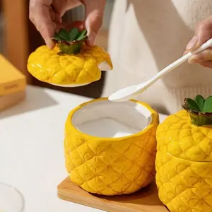 Pineapple Ceramic Spice Jar, High Temperature Resistant, Kitchen Storage, Home Condiment Holder, Includes Lid and Spoon