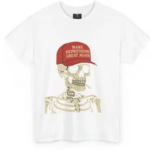 Make Depression Great Again Dark Humor Tshirt with Skeleton Graphic and Red Hat Design Top Streetwear Shortsleeve Menswear