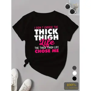 Plus Size "Thick Thigh Life" Women's T-Shirt - Casual & Sporty, Short Sleeve, Round Neck, Polyester, Machine Washable, Available in Multiple Colors Black Crewneck.