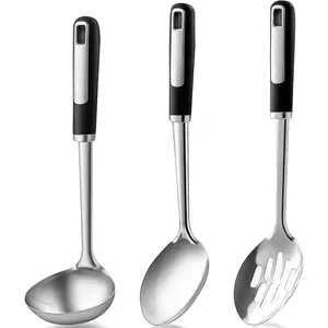 Stainless Steel Cooking Spoons Set, Large Serving Spoons Stainless Steel with Soup Ladle, Solid Spoon & Slotted Spoon, 3-Piece Thickened Metal Cooking Spoon for Kitchen Serving & Cooking