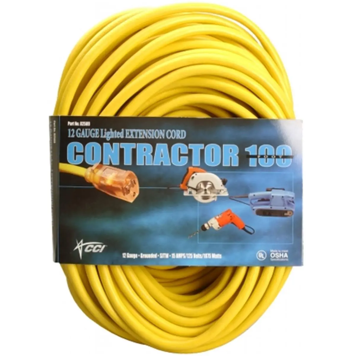 Coleman Cable 02589 100ft 12-3 High Visibility Yellow Extension Cord, Contractor Grade with Vinyl Jacket, Strain Relief & Heavy Duty Molded-On Plugs for Table Saw
