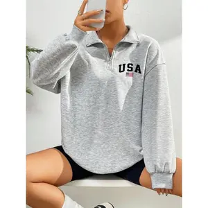 Women's Letter & USA Flag Print Half Zip Pullover, Casual Long Sleeve Half Zip Sweatshirt?for Fall & Winter, Women's Clothes for Daily Wear