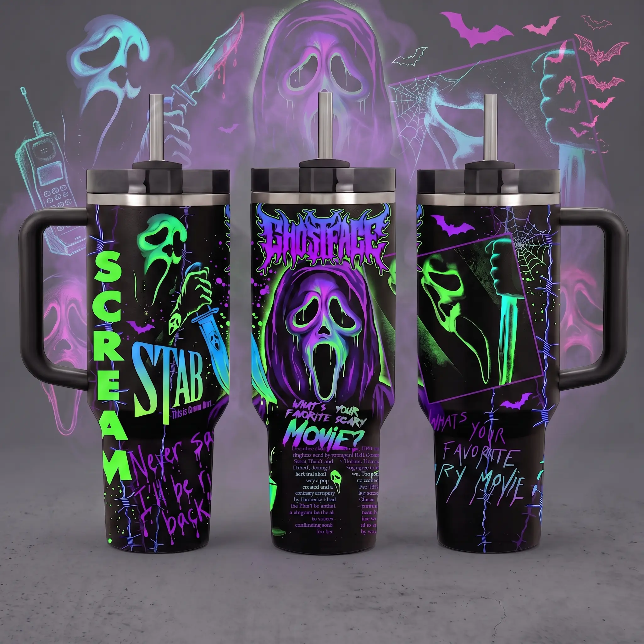 Ghostface Scary Movie Tumbler, 40oz Stainless Steel Insulated Tumbler with Handle & Straw, Gift for Horror Lovers, Halloween Gift